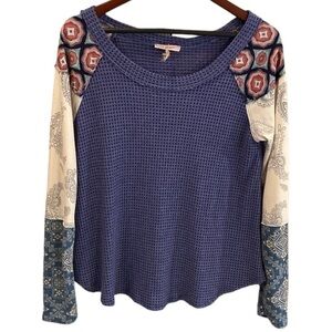 Ces Femme Mixed Print Long Sleeved Flowy Waffle Top- size small
